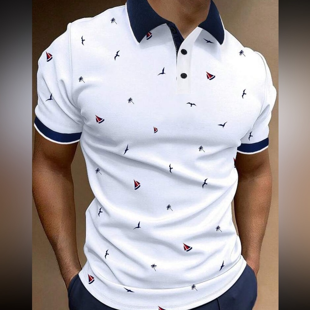 White Polo with Watermelon Print and Navy Accents